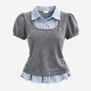 Blouse Layered Knit Wanita Korean Style